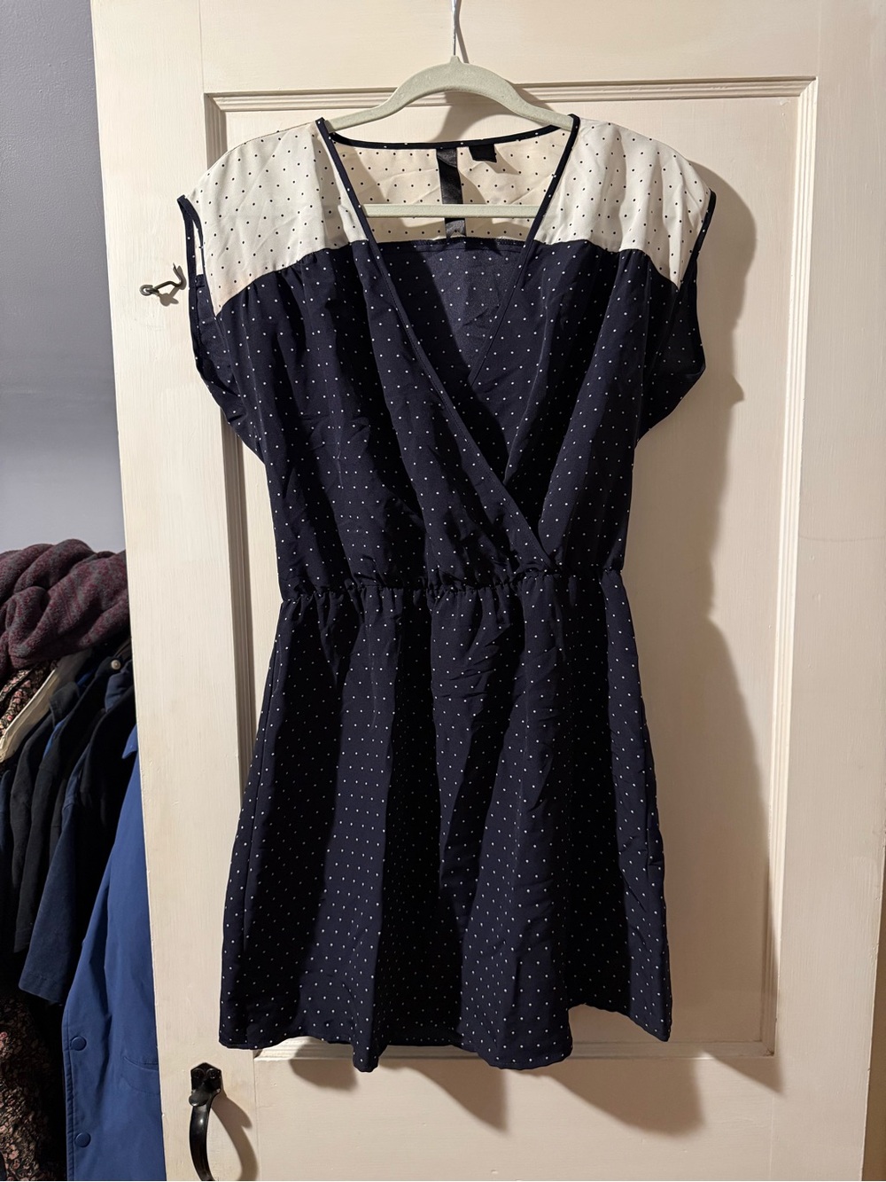 Navy and Cream Polka Dot Faux-Wrap Mini Dress